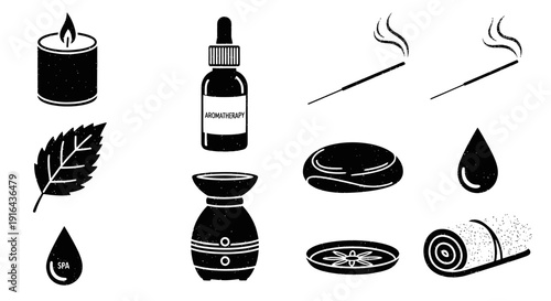 Collection of aromatherapy tools including candles, essential oils, incense, and relaxation accessories