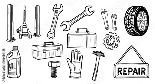 Collection of automotive tools and parts including tires, wrenches, oil, repair sign, and hand glove