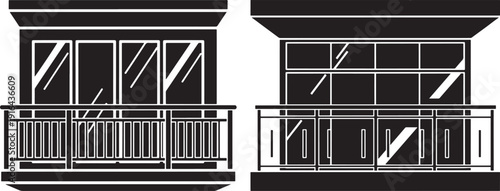 Set of two modern architectural balconies with railings and glass doors, depicted in a black and white silhouette line art style for urban living and design concepts.