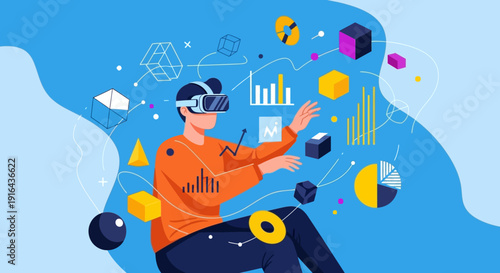 Man using virtual reality headset with interactive data visualizations.