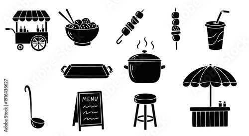 Collection of black silhouette icons representing food stalls, dishes, utensils, and outdoor dining elements