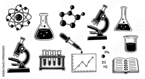 Collection of scientific equipment and molecular structures in black and white, including microscopes, test tubes, beakers, molecular models, and a dropper
