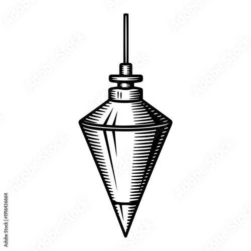 Metal plumb bob leveling tool hanging on a string in classic engraving style