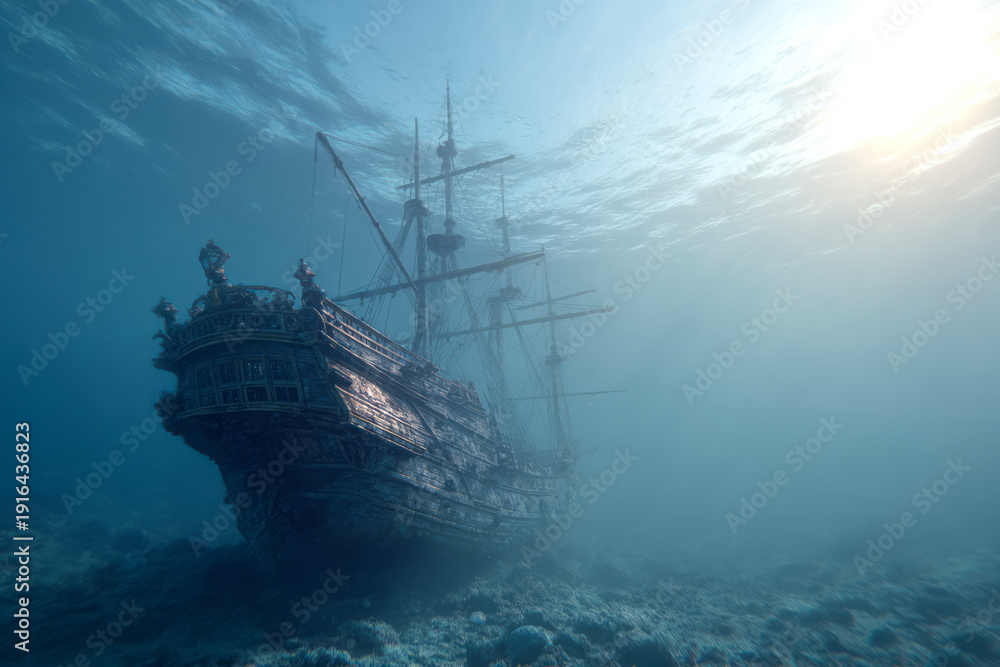 Fototapeta premium An underwater shipwreck surrounded by murky water.