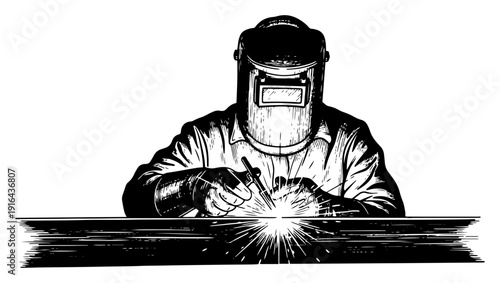 Industrial welder working on metal with protective mask and sparks in engraving style