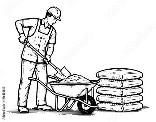 Construction worker using shovel with wheelbarrow and cement bags in vintage style