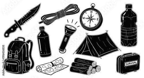 Collection of camping gear including knife, rope, compass, flashlight, water bottles, tent, logs, map, backpack, survival box, and emergency kit