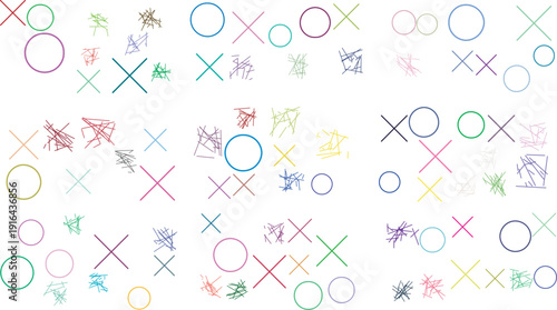 Colorful Abstract Circles and Crosses with Dense Scribble Patterns