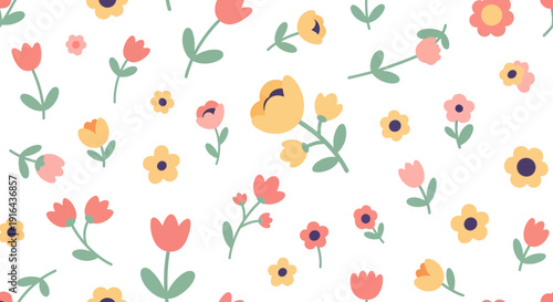 Colorful floral pattern with tulips and daisies on white background.