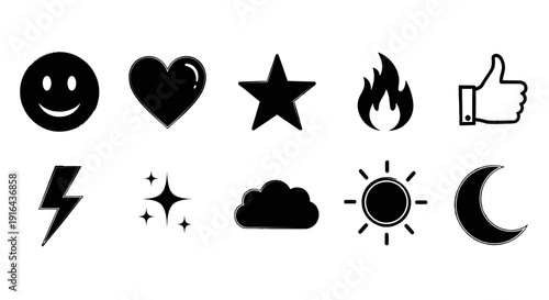 Collection of black and white emotive and symbolic icons including a smiley face, heart, star, fire, thumbs-up, lightning, sparkle, cloud, sun, and moon