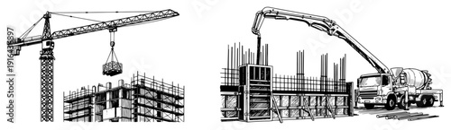 Hand drawn ink sketch of a construction site with a tower crane and concrete pump truck