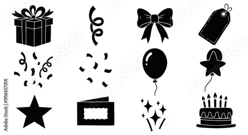 Collection of celebration icons including presents, ribbons, bows, tags, balloons, confetti, stars, party hats, fireworks, and a cake