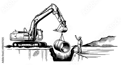 Excavator lowering a large concrete pipe into a deep trench on a construction site