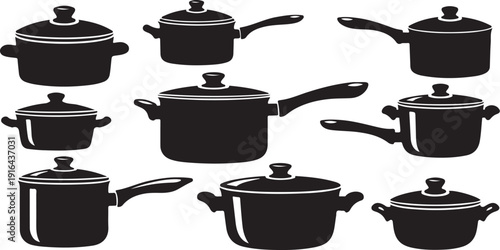 Collection of black cooking pots and pans illustration set