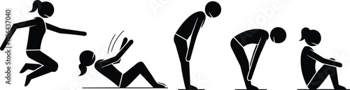 Vector illustration of five black silhouette figures showing different physical postures, expressive human poses, workout exercise sequence, emotional states, abstract design.