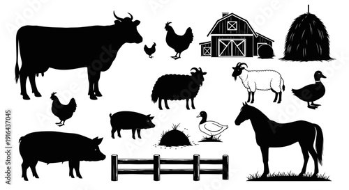 Collection of farm animals, barn, haystack, fence, and grass in black silhouettes