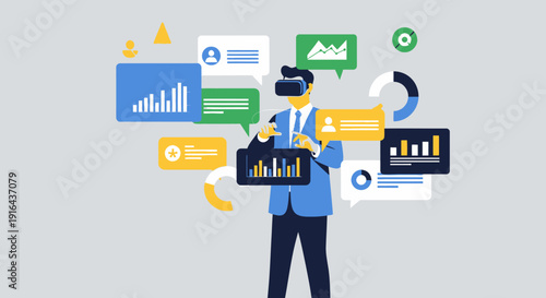 Man in suit using virtual reality headset with data visualization graphics.