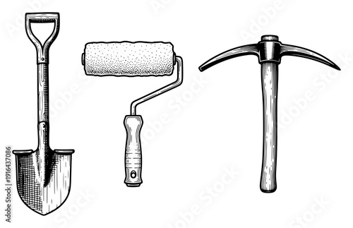 Set of manual tools featuring a shovel paint roller and pickaxe for work