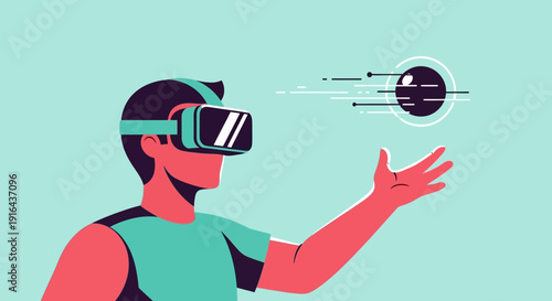 Man wearing virtual reality headset interacting with digital interface.