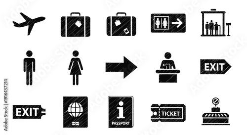Collection of black and white travel and airport icons including airplane, luggage, restrooms, signs, and passport