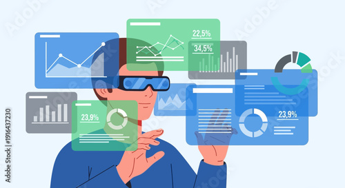 Man wearing virtual reality glasses interacting with digital data screens.