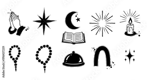 Collection of black and white spiritual symbols including praying hands, star, moon, open book, fireworks, candle, rosary, serving platter, rainbow, and sparkling stars