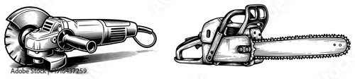 Professional power tools including angle grinder and chainsaw in hand drawn engraving style