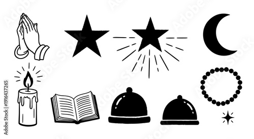 Prayer hands, stars, moon, candle, book, domes, beaded circle, sparkles in black silhouette