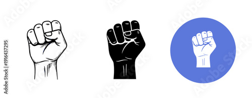Three diverse fist icons: unity and strength in black, white, and blue designs