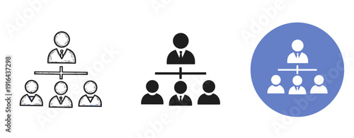 Hierarchical organization icons in sketch, black, and blue styles
