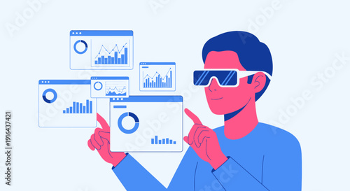 Man wearing virtual reality glasses interacting with data visualizations.