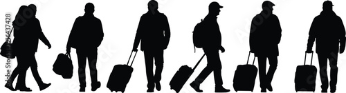 Traveler silhouette set with people walking and pulling luggage, airport passengers journey concept, tourism and business travel illustration isolated on white background