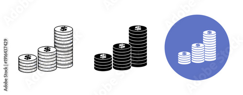 Stacks of coins with dollar signs in black and white design variations