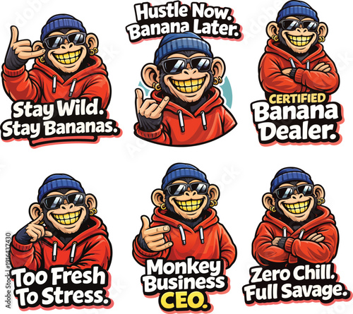 Urban Street Monkey Meme Mascot Collection – Bold Cartoon Vector Designs with Quotes Isolated on White