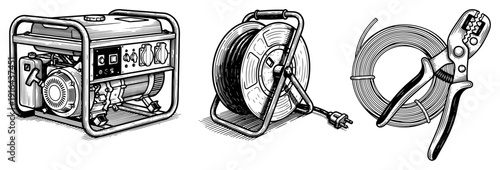 Hand drawn ink sketch of a portable electric generator extension cord reel and wire stripper tool