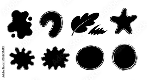 Set of nine black silhouettes of various organic, abstract shapes including splat, swirl, leaf, zigzag, star, and circles