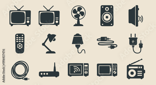 Collection of 15 monochrome icons representing vintage and modern electronic devices and accessories