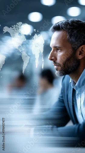 Confident businessman in modern office environment looks thoughtfully at digital world map hologram, symbolizing global business strategy, innovation. Futuristic workspace atmosphere enhances focus