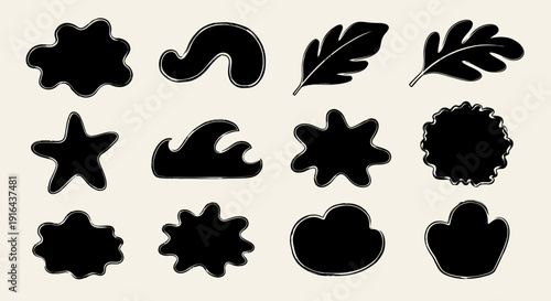 Collection of black and white culinary and natural-themed shapes, including leaves and splashes