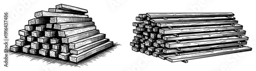 Stacks of wooden planks and lumber boards in hand drawn vintage engraving style