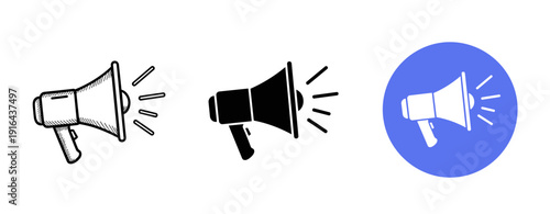 Set of megaphone icons: hand-drawn, silhouette, circular background