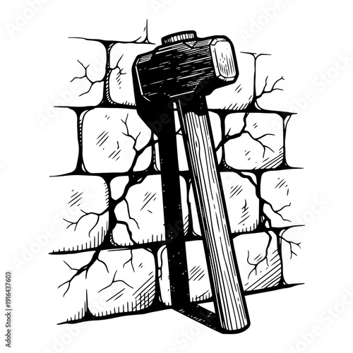 Heavy sledgehammer leaning against a damaged and cracked stone brick wall