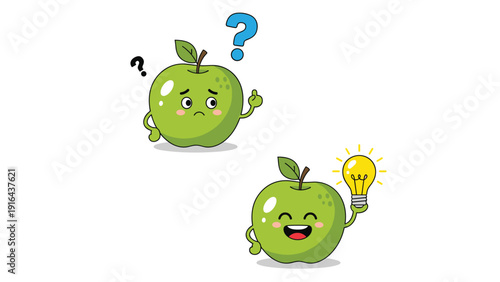 Pair of green apple characters show the difference between being confused and having a bright creative idea with a lightbulb.