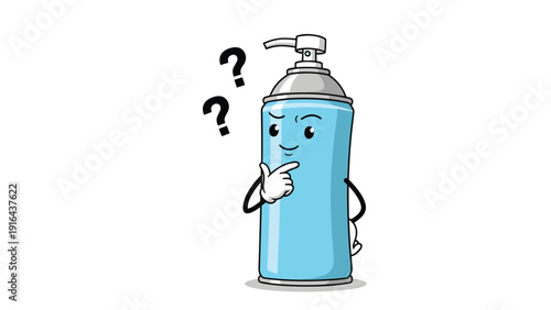 Blue spray bottle character with black outlines looks thoughtful and confused with large question marks over its head icon.
