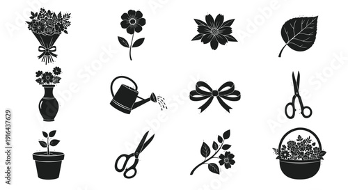 Collection of floral and gardening icons including flowers, leaves, scissors, scissors, watering can, bow, and basket of flowers