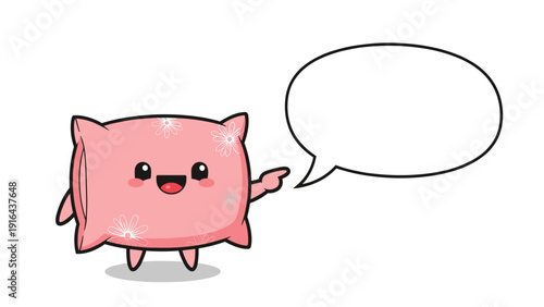 Cute pink pillow character with a happy smiling face points its arm towards a large empty speech bubble for text space.
