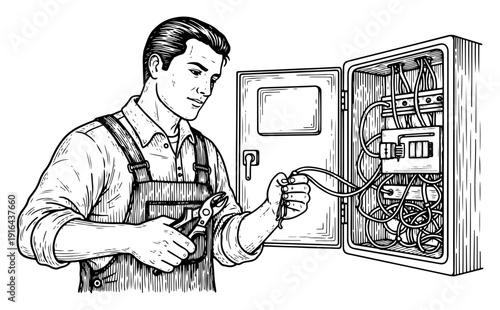 Skilled electrician repairman working on electrical panel with wires and pliers