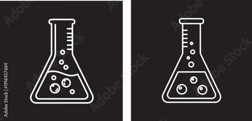 Two laboratory flasks with bubbling liquid and measurement markings, representing science and chemistry