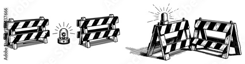 Construction road barriers and safety warning light in hand drawn engraving style