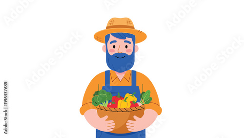 Happy farmer with a blue beard and hat holds a large basket overflowing with fresh colorful vegetables from the harvest.